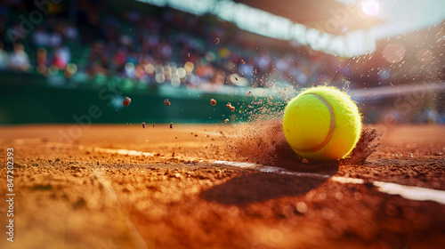 detail of a tennis ball hitting the clay court during a match