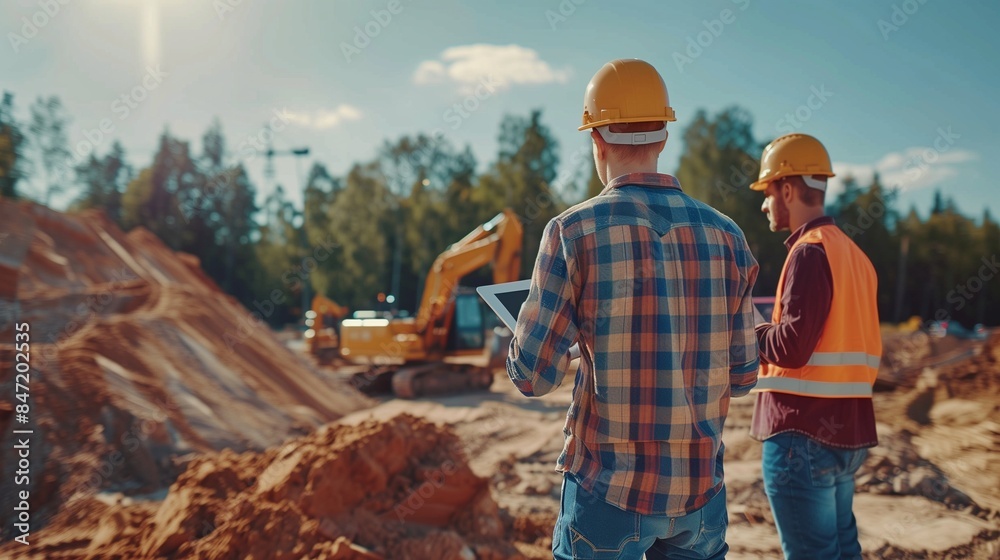 Aerial Drone Shot Of Construction Site With Excavators On Sunny Day: Diverse Team of Real Estate Developers Discussing Project. Civil Engineer, Architect, Inspector Talking And Using Tablet Computer Aerial Drone Shot Of Construction Site With Excavators On Sunny Day: Diverse Team of Real Estate Developers Discussing Project. Civil Engineer, Architect, Inspector Talking And Using Tablet Computer