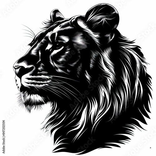 A black and white drawing of a lion 's head