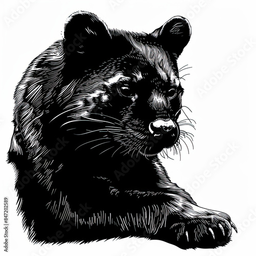 A black and white drawing of a black panther