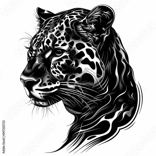 A black and white drawing of a leopard 's head