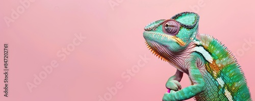 chameleon, located on the right side, isolated on panoramic pink background with copy space © andrenascimento
