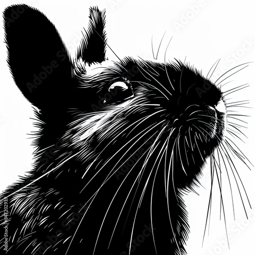A black and white drawing of a rabbit looking up