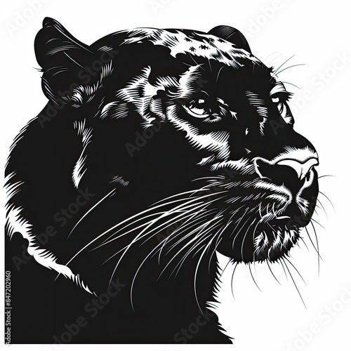 A black and white drawing of a panther 's face