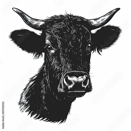 A black and white drawing of a bull with long horns