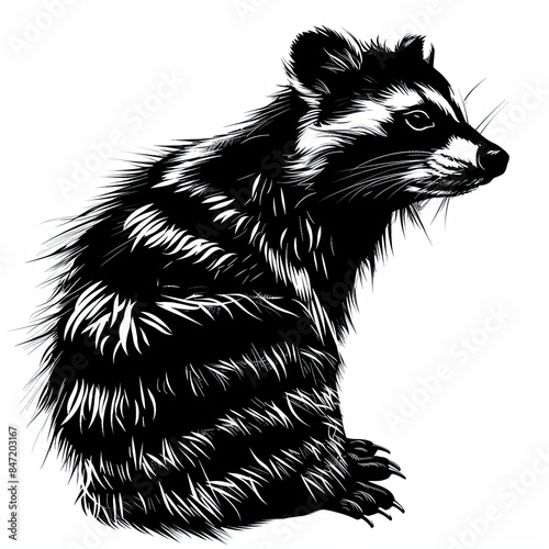 A black and white drawing of a raccoon on a white background