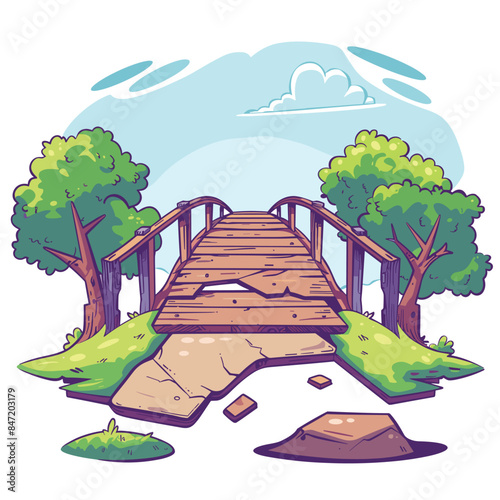 Wooden bridge path looks worn aged deteriorated empty peaceful scenic nature. Trees surround broken bridge wood missing planks connects two sides blue sky clouds overhead. Illustration emphasizing