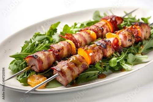 Grilled Pork and Bacon Kebabs with Vibrant Orange Segments