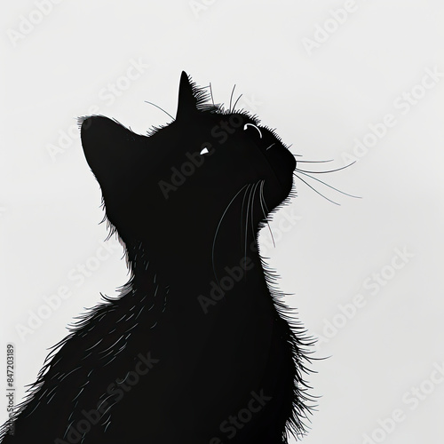 A black cat looking up on a white background