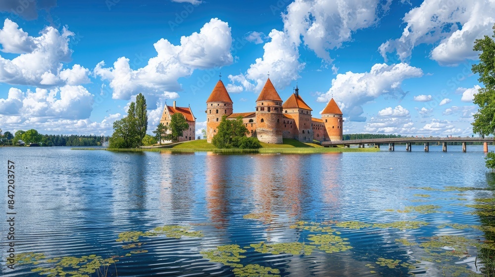 Naklejka premium Trakai historical castle offers a wide view from a lake island with a sunny day and a bridge leading to it