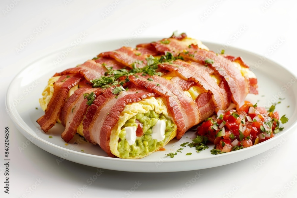 Bacon-Weave Breakfast Burrito with Fluffy Omelet and Chopped Cilantro Bacon-Weave Breakfast Burrito with Fluffy Omelet and Chopped Cilantro
