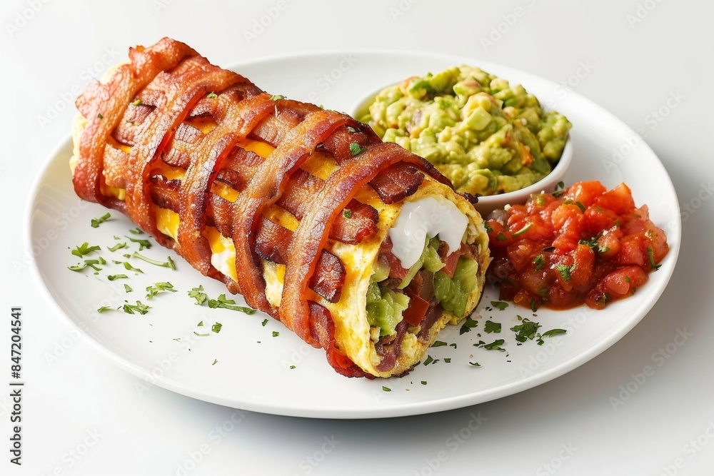 Bacon-Weave Breakfast Burrito with Creamy Guacamole and Fire-Roasted Salsa Bacon-Weave Breakfast Burrito with Creamy Guacamole and Fire-Roasted Salsa