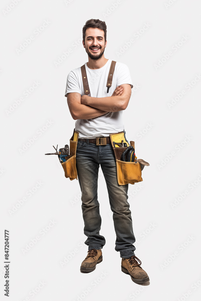Confident carpenter smiling with arms crossed wearing tool belt Confident carpenter smiling with arms crossed wearing tool belt