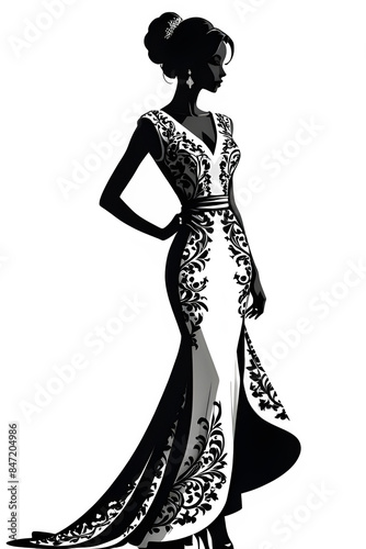 A girl in a very beautiful ornate dress, black silhouette of a beautiful woman, transparent background, sophisticated, highly detailed, modest dress © Abde
