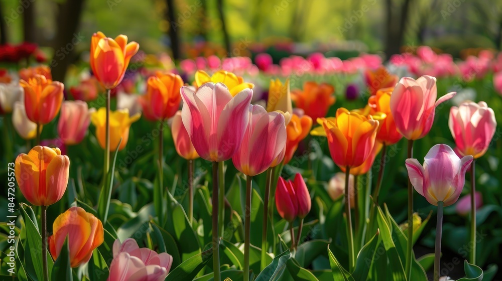 Beautiful tulips fill the large park flowerbed in spring Beautiful tulips fill the large park flowerbed in spring