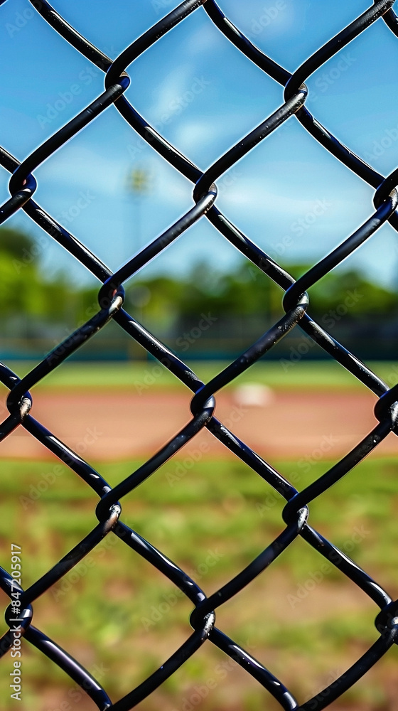 Closeup of chain link fence at baseball field, blurred background and ball visible through the mesh Closeup of chain link fence at baseball field, blurred background and ball visible through the mesh
