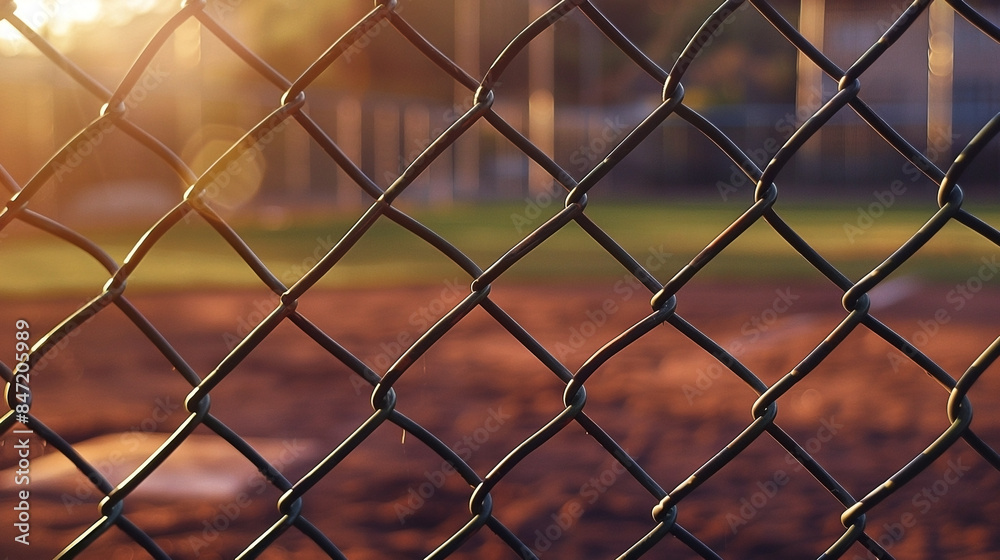 Closeup of chain link fence at baseball field, blurred background and ball visible through the mesh Closeup of chain link fence at baseball field, blurred background and ball visible through the mesh