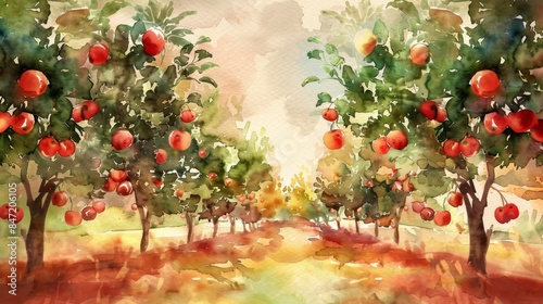 The watercolor painting shows a bountiful apple orchard in autumn.