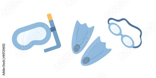 Blue diving mask, diving fins, snorkel and water goggles. Flat vector illustration on white background. Underwater swimming.