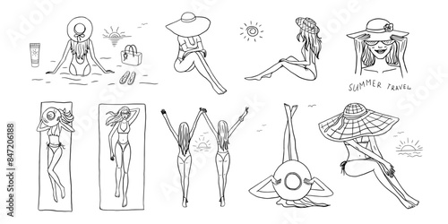 Cute set of summer time theme elements. Girl in a swimsuit and girl on the beach. Woman in a beach hat. Girlfriends. Beach bag, flip flops. Travel design. Adventure. Hand drawngirl in a wicker hat