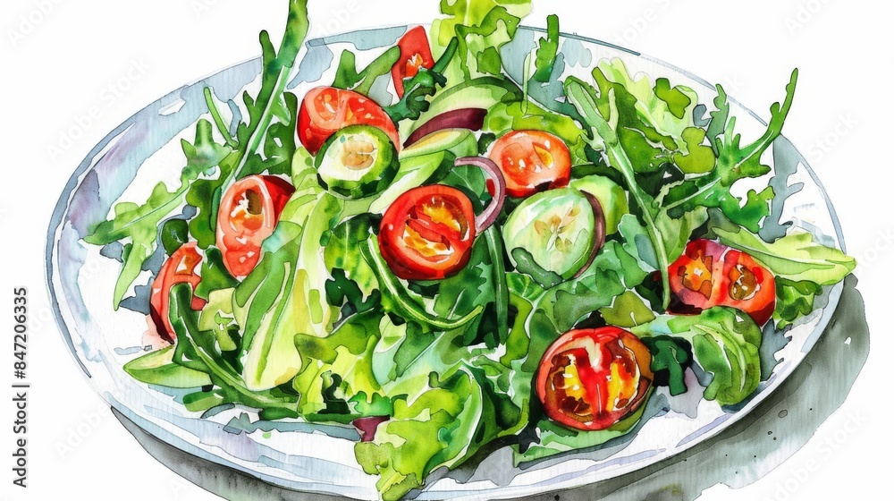 Fresh salad with cucumber, tomato and lettuce leaves on a white plate. Watercolor illustration. Fresh salad with cucumber, tomato and lettuce leaves on a white plate. Watercolor illustration.