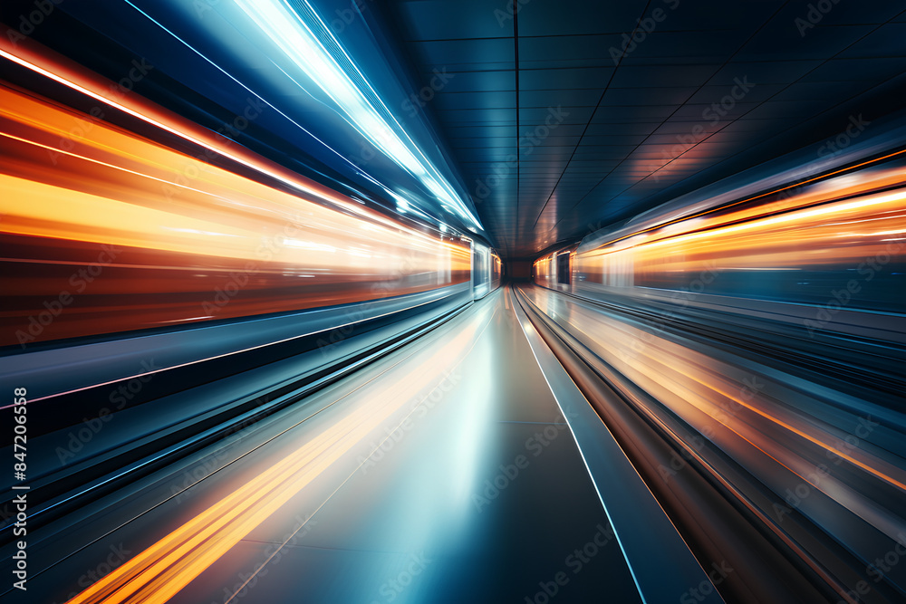 Subway tunnel with blurred light tracks with arriving train in the opposite direction - Concept of modern metro underground transport and connection speed