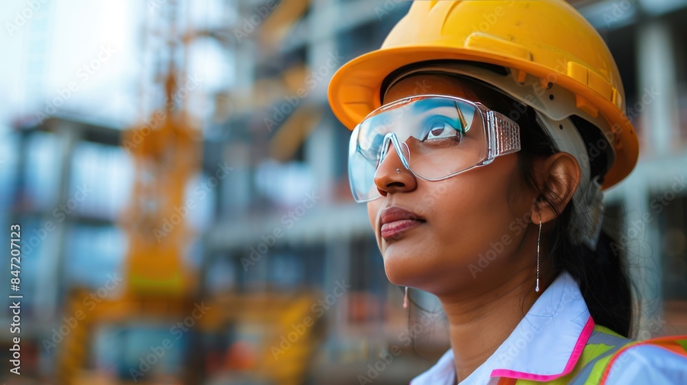 a confident Indian female engineer wearing a hard hat and safety glasses, a confident Indian female engineer wearing a hard hat and safety glasses,