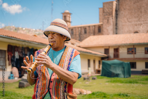 Peruvian Man playing Traditional Flute