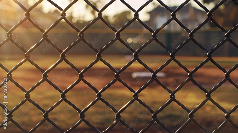 Closeup of chain link fence at baseball field, blurred background and ball visible through the mesh Closeup of chain link fence at baseball field, blurred background and ball visible through the mesh