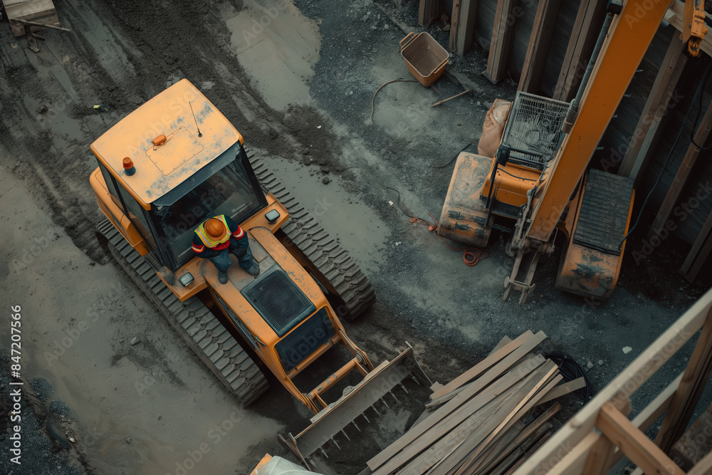 Construction worker sitting on excavator at building site Construction worker sitting on excavator at building site