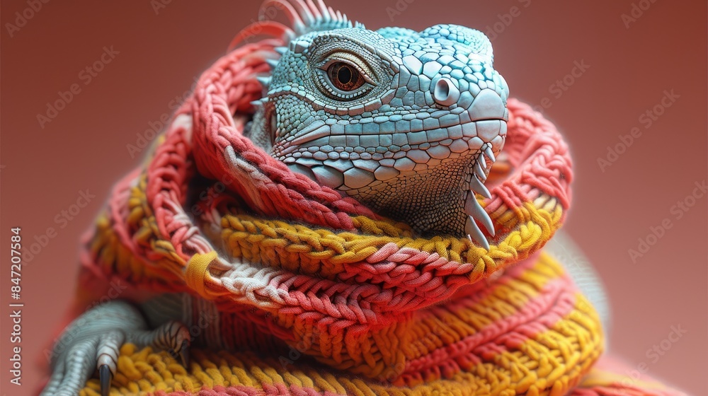 Fototapeta premium Relaxed pink colored iguana wearing a sweater