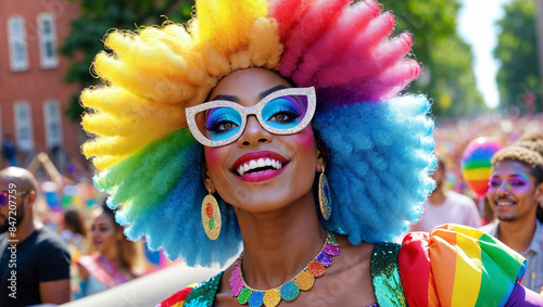 Gay Pride festival, African American man, Smiling, Joyful moment: A beaming African American man celebrates diversity and self-expression at a vibrant Gay Pride festival, surrounded by a kaleidoscope 