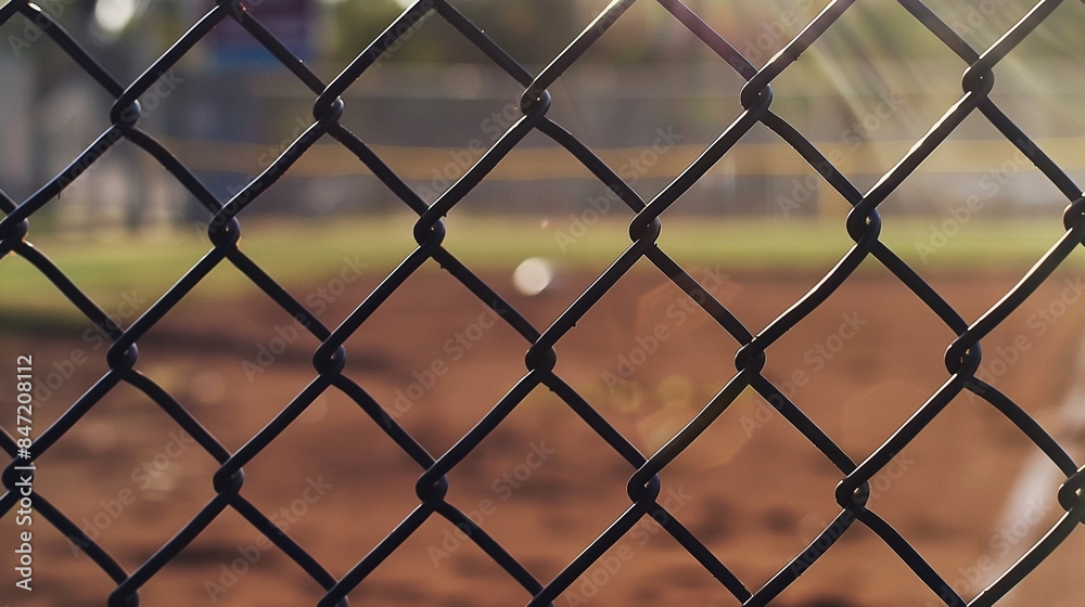Closeup of chain link fence at baseball field, blurred background and ball visible through the mesh Closeup of chain link fence at baseball field, blurred background and ball visible through the mesh