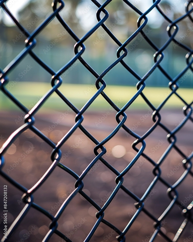 Closeup of chain link fence at baseball field, blurred background and ball visible through the mesh Closeup of chain link fence at baseball field, blurred background and ball visible through the mesh