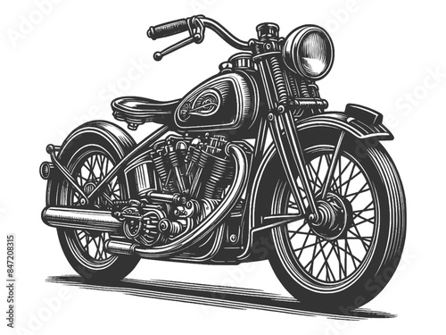 classic motorcycle, featuring detailed design elements and engine parts sketch engraving generative ai vector illustration. Scratch board imitation. Black and white image.
