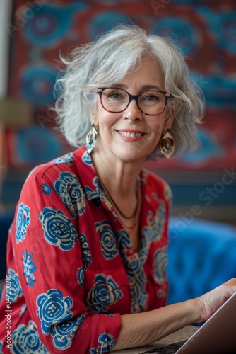 Happy Woman Working on Laptop in Colorful Outfit Generative AI