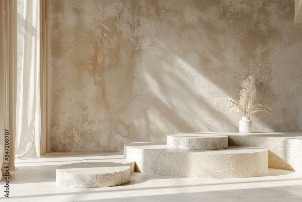 Three empty round podiums bathed in sunlight streaming through a window with sheer curtains Three empty round podiums bathed in sunlight streaming through a window with sheer curtains