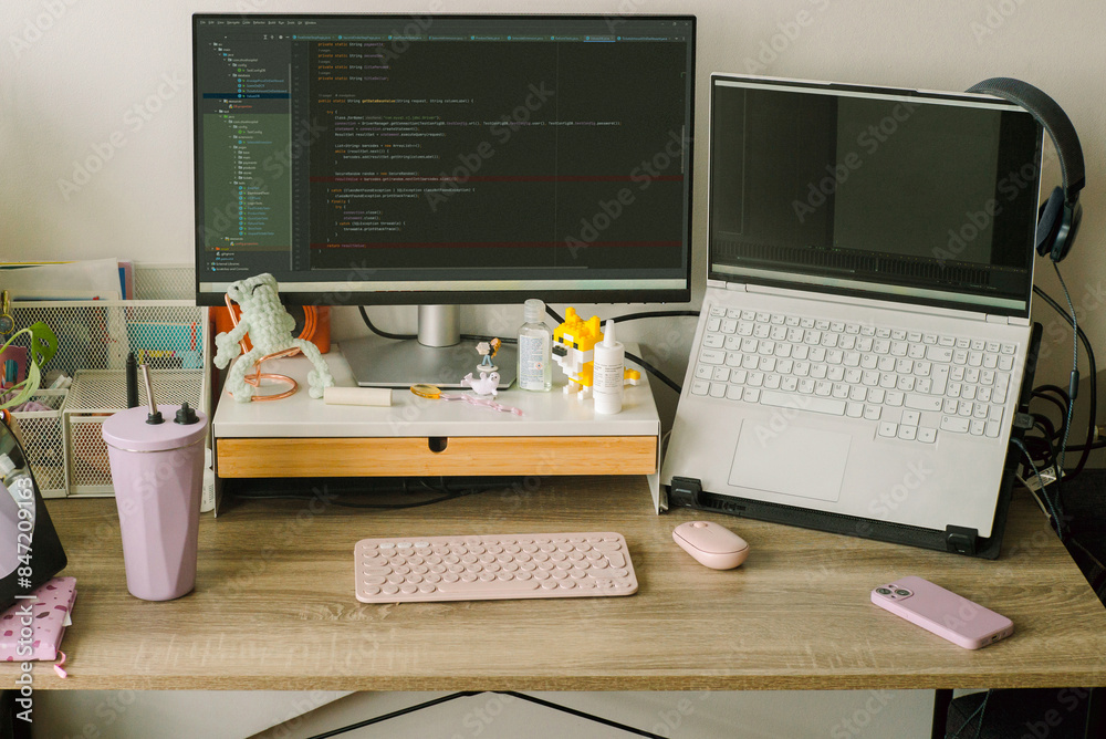 A female programmer's desk with screen, laptop, keyboard, mouse. A female programmer's desk with screen, laptop, keyboard, mouse.