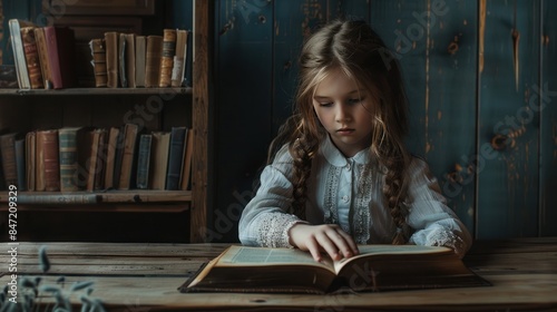 a young girl sitting at a desk, engrossed in a book 