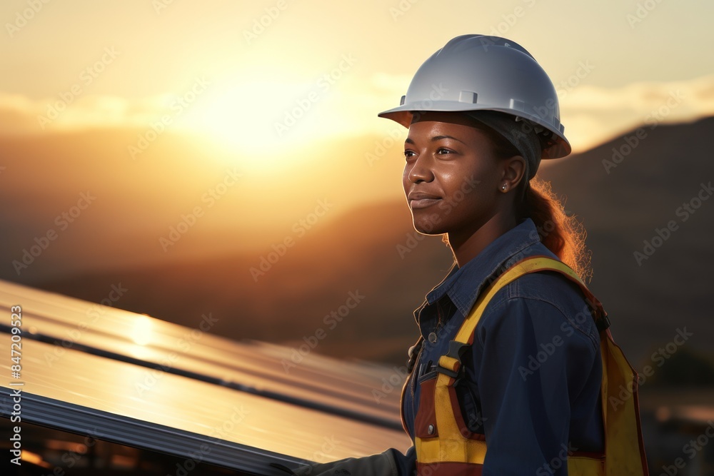 Female worker with hard work outdoors, woman with solar panels, Female worker with hard work outdoors, woman with solar panels,