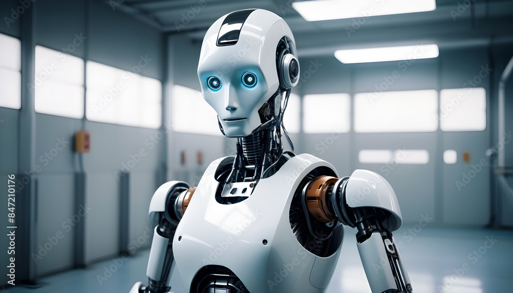 Modern robot standing at work. The future, robots doing human work Modern robot standing at work. The future, robots doing human work