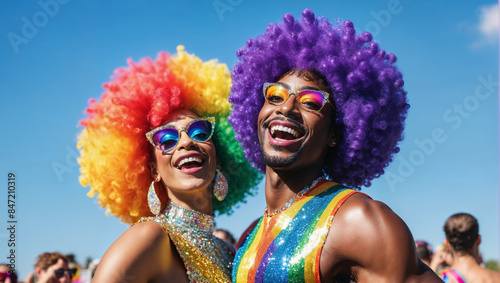 Gay Pride festival, African American man, Smiling, Joyful moment: A beaming African American man celebrates diversity and self-expression at a vibrant Gay Pride festival, surrounded by a kaleidoscope 