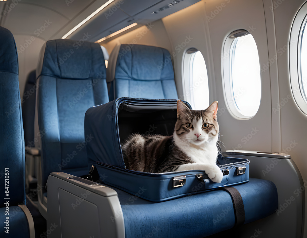 Fototapeta premium Cat on board an airplane. AI generated.