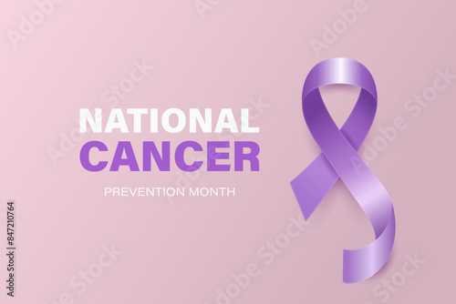 National Cancer Prevention Month, February. Banner, Card, Placard with Realistic 3D Vector Lavender Ribbon on Lavender Background. Cancer Awareness Month Symbol, Closeup. World Cancer Day Concept