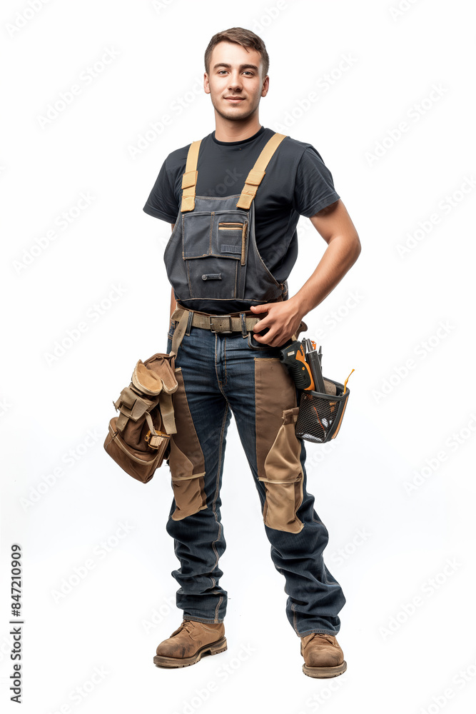 Electrician wearing tool belt and holding hand tool posing on white background Electrician wearing tool belt and holding hand tool posing on white background