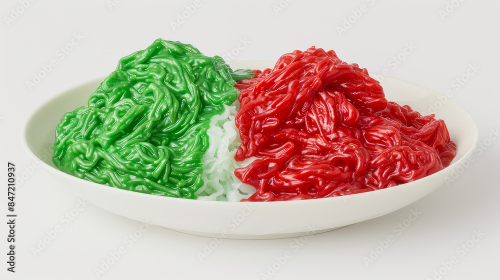 plate of green and red colored noodles on white background plate of green and red colored noodles on white background