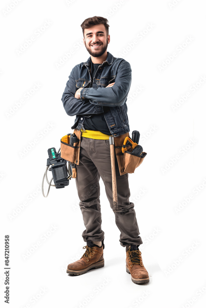 Smiling electrician holding tools and standing with arms crossed Smiling electrician holding tools and standing with arms crossed