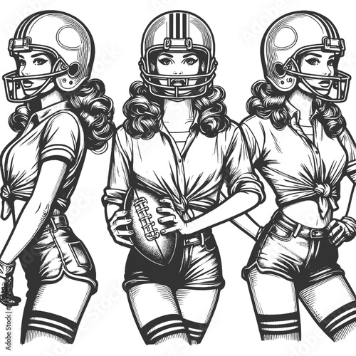 Pin-up girl female football player holding a ball, with helmet and sports attire sketch engraving generative ai fictional character vector illustration. Scratch board imitation. Black and white image.
