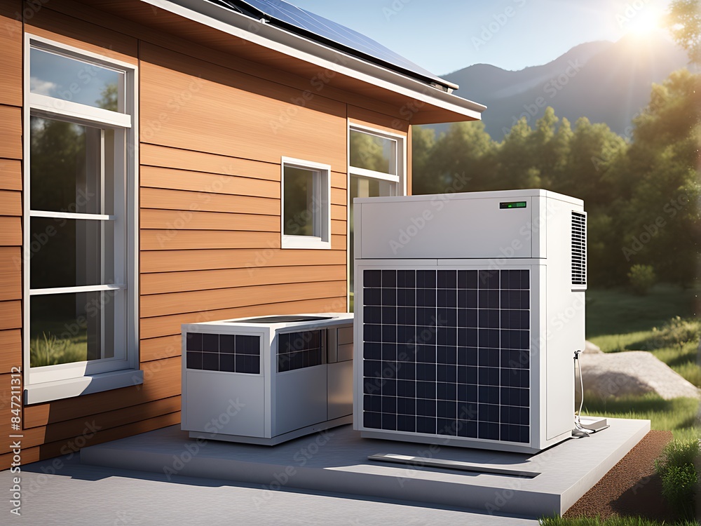 Heat pump next to the house and solar panels on the roof. The concept of an energy-efficient home. 3D illustration design Heat pump next to the house and solar panels on the roof. The concept of an energy-efficient home. 3D illustration design