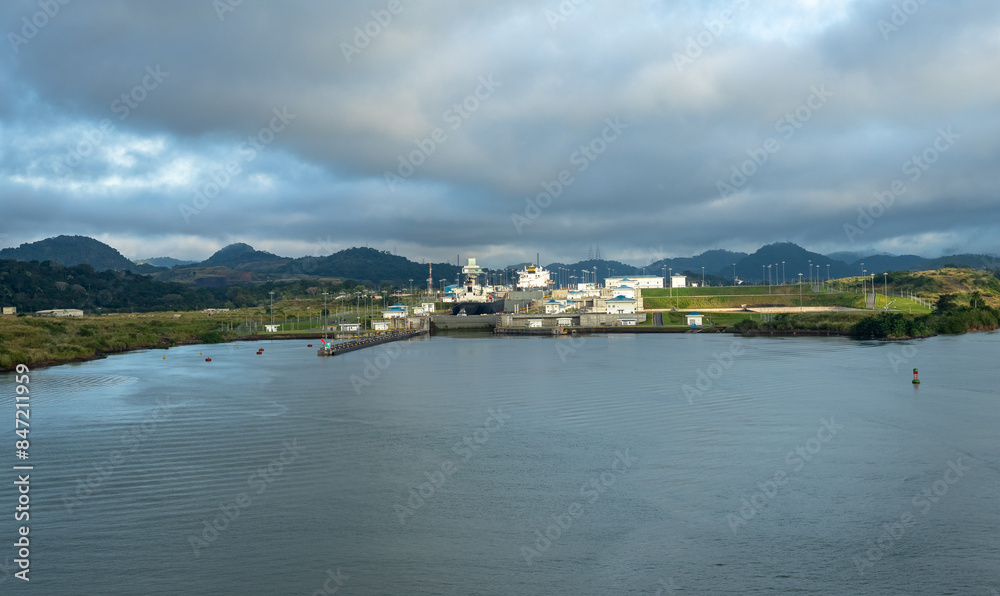 View of the Miraflores Locks, East Lane. Giant locks allow huge ships to pass through the Panama Canal
